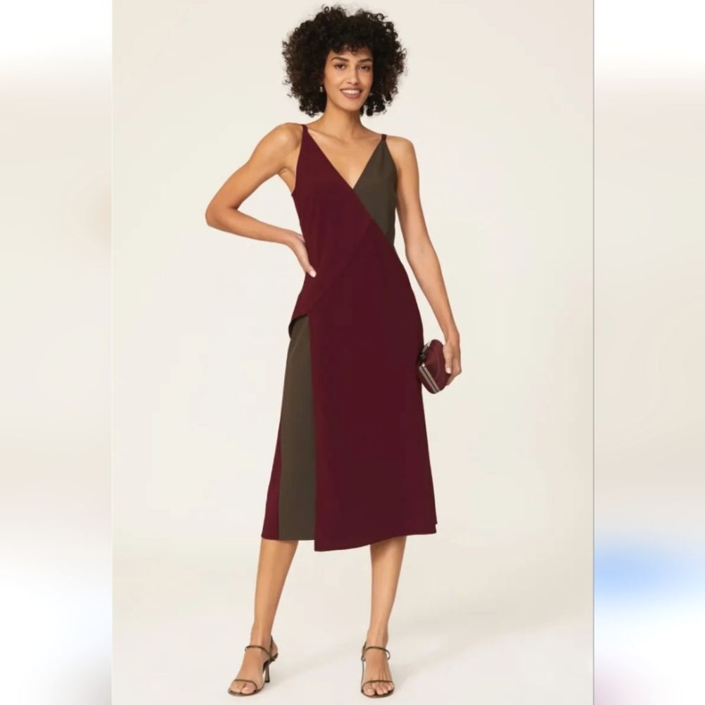 Tome Two Tone Asymmetrical Burgundy Midi Dress Size 12 Career Office Teacher